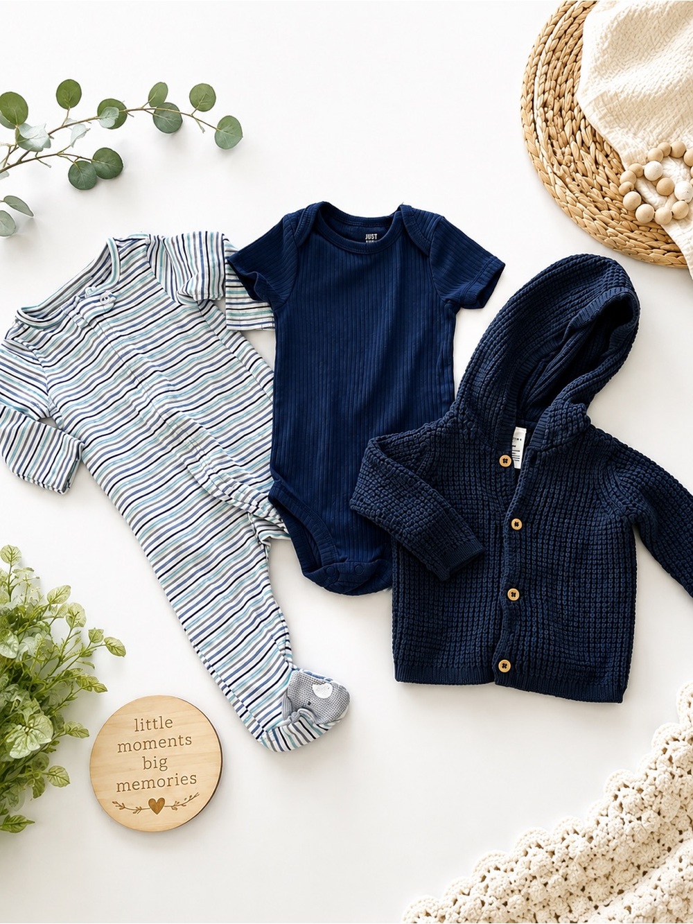 Navy Ribbed Baby Footie & Hooded Cardigan with onesie bundle